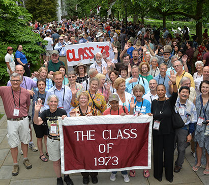 Photo of people holding a Class of 1973 sign. Link to Life Stage Gift Planner Ages 60-70 Situations.